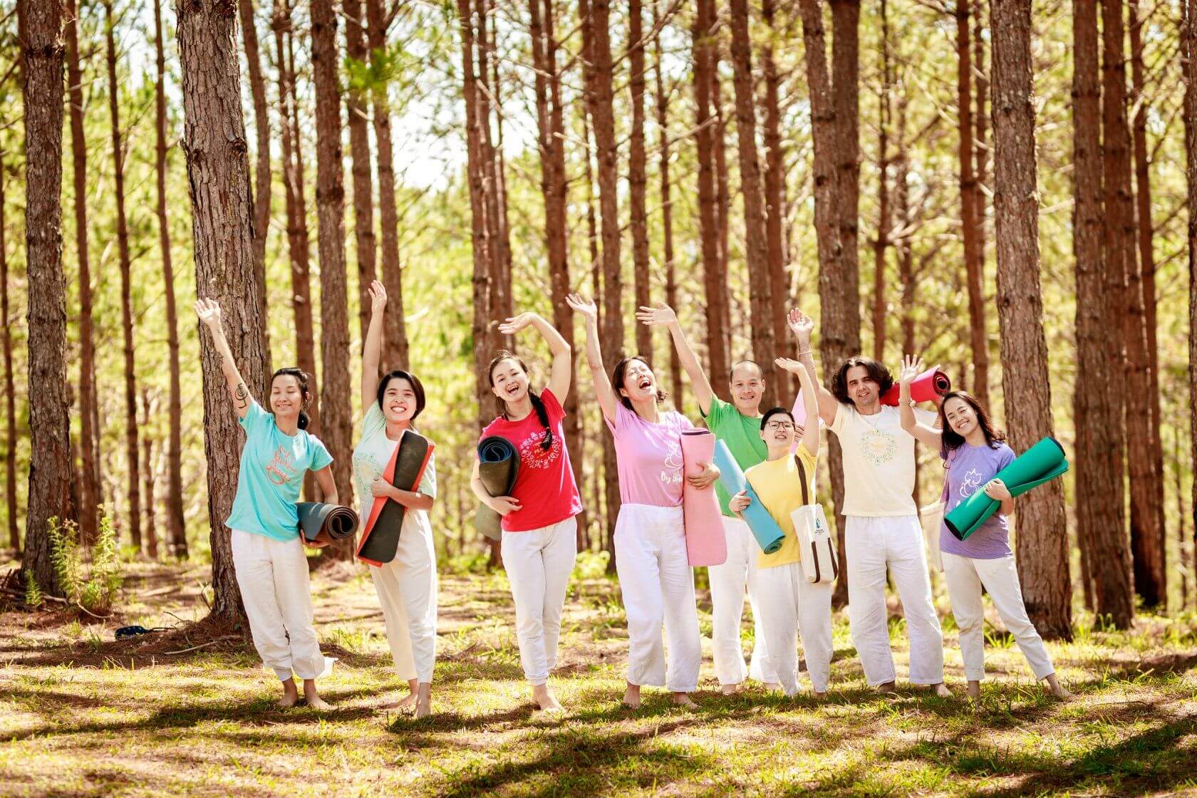 Teachers and students walking in pine forest with yoga mats